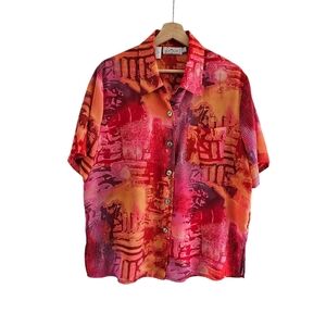 Cathy Che Vintage Short Sleeve Button Down Blouse, Loose Fit, Semi-sheer, SizeXL